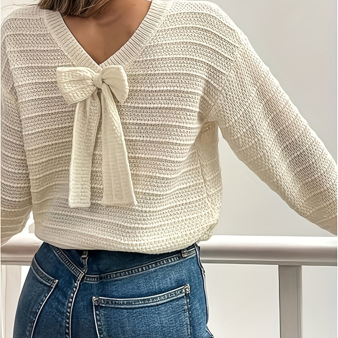 Wrenova | Women's Bow Detail Knit Sweater - Cream - Image 1