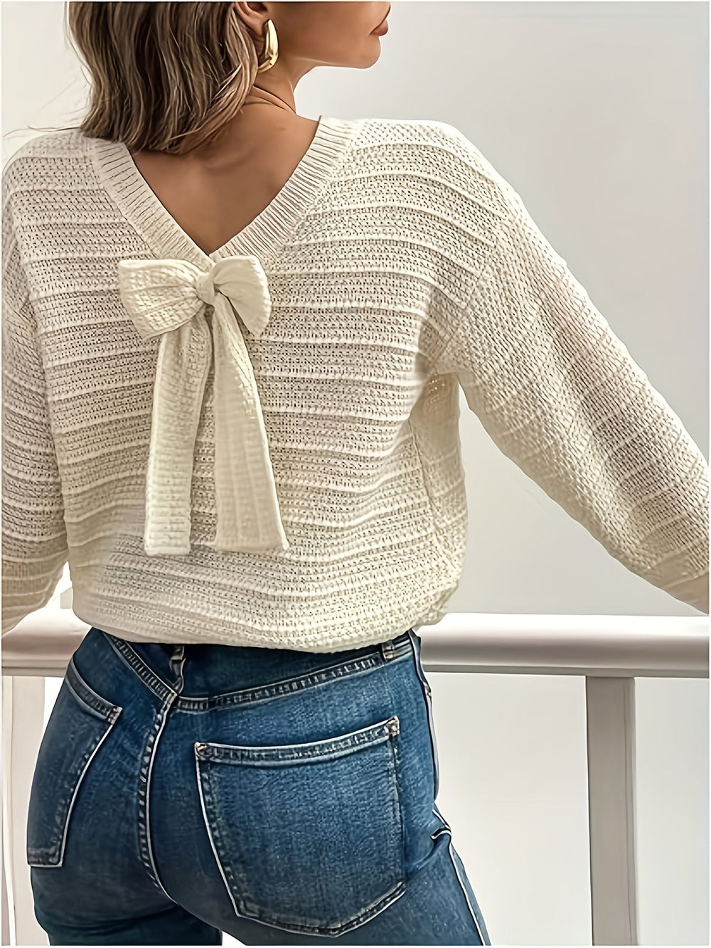 Wrenova | Women's Bow Detail Knit Sweater - Cream - Image 2