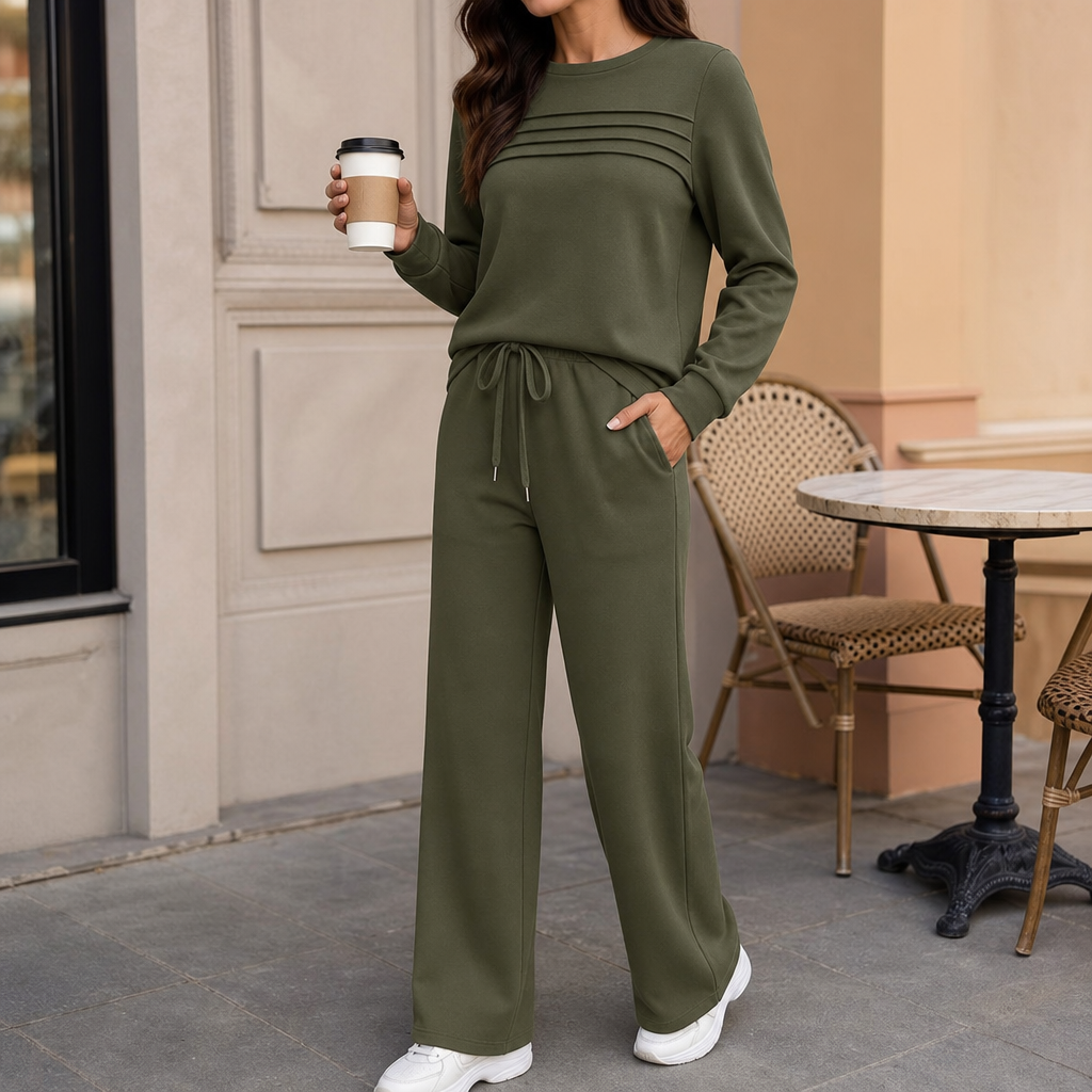 Wrenova | Women's Cozy Loungewear Set Wide Leg - Olive Green - Image 1