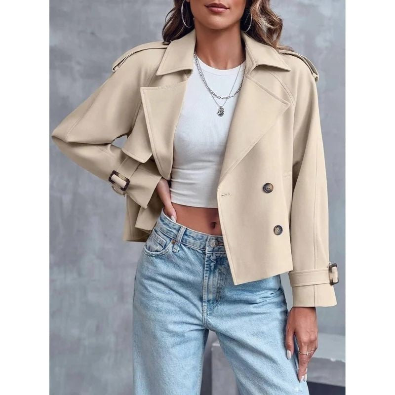 Wrenova | Women's Cropped Trench Coat Double Breasted - Black - Image 2