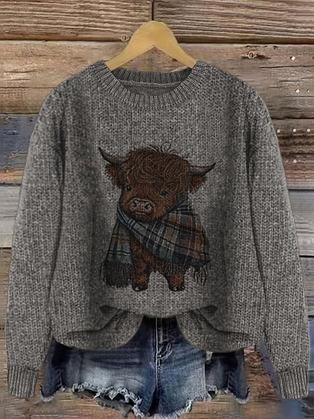 Wrenova | Women's Highland Cow Graphic Knit Sweater - Sage - Image 2