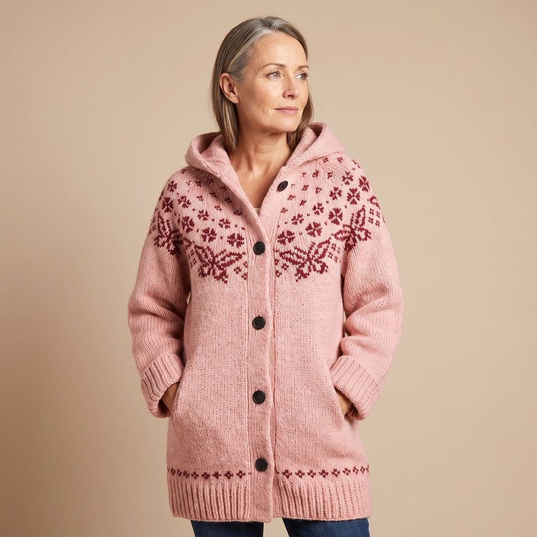 Wrenova | Women's Hooded Fair Isle Knit Cardigan - Pink - Image 1