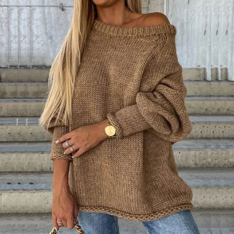 Wrenova | Women's Off-Shoulder Oversized Knit Sweater - Camel - Image 1