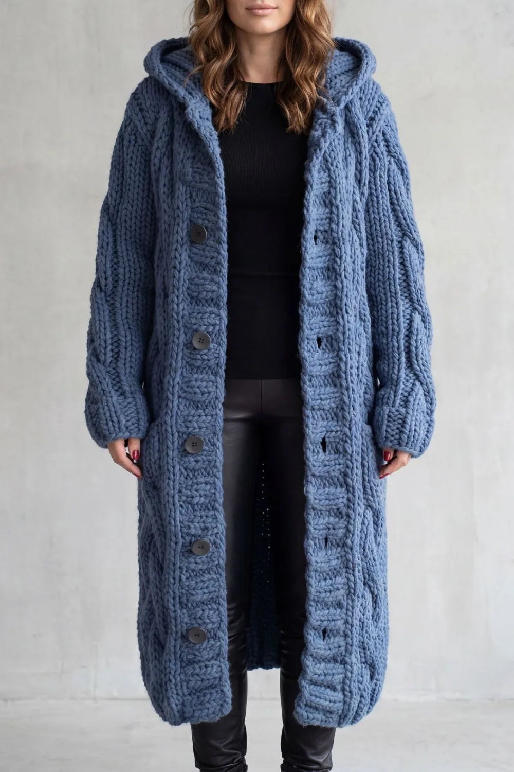 Wrenova | Women's Oversized Hooded Cardigan Long Knit - Blue - Image 1