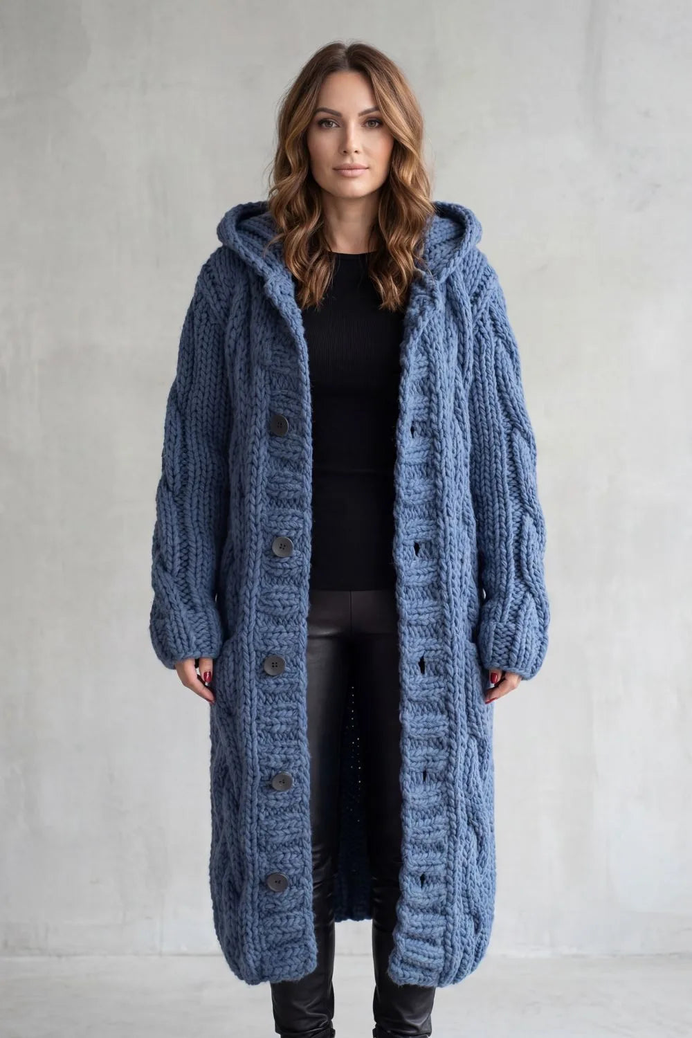 Wrenova | Women's Oversized Hooded Cardigan Long Knit - Blue - Image 2