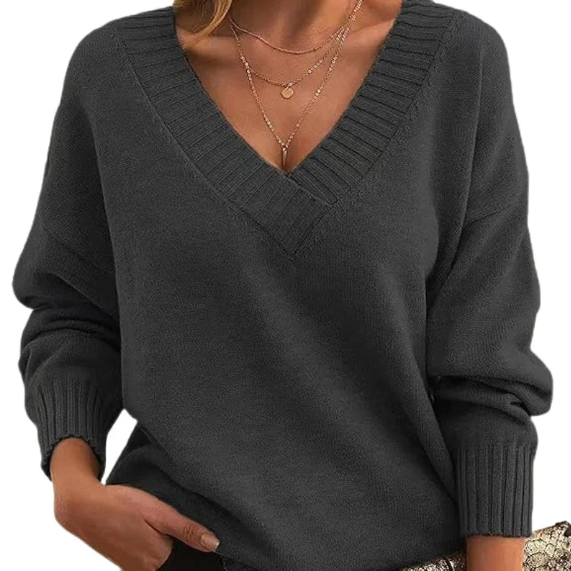 Zelvara | Women's Knit Sweater V-Neck Long Sleeve - Dark Grey - Image 1