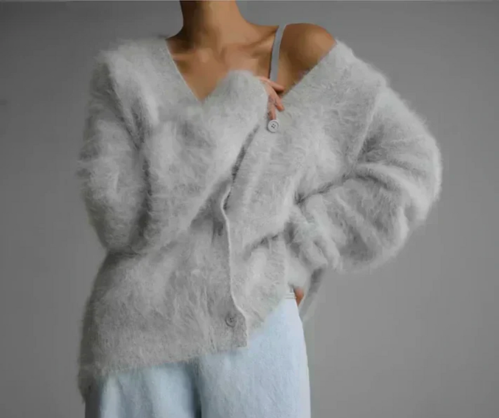 Zelvara | Women's Oversized Fuzzy Cardigan Sweater - Taupe - Image 2