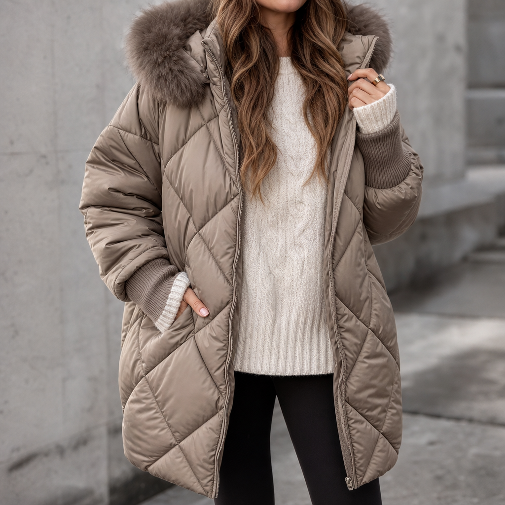 Zelveth | Women's Puffer Jacket Faux Fur Hood Quilted Coat - Taupe - Image 1