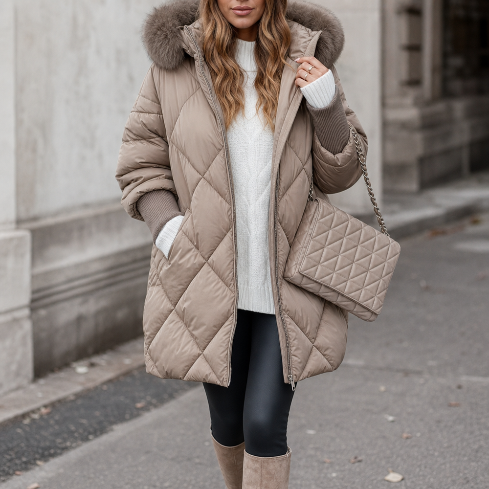 Zelveth | Women's Puffer Jacket Faux Fur Hood Quilted Coat - Taupe - Image 2