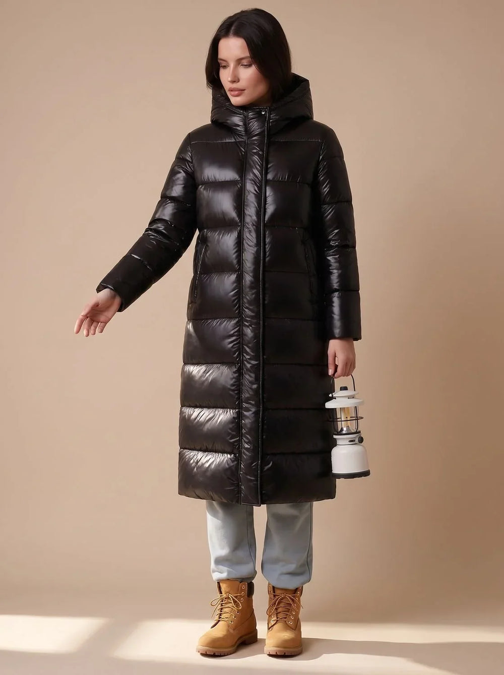 Zelvindra | Women's Long Puffer Coat Hooded Quilted - Black - Image 2