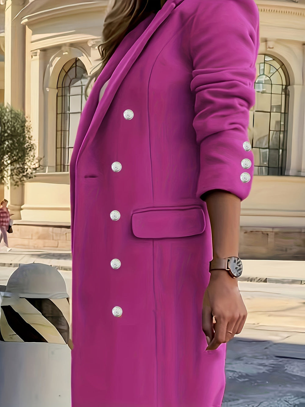 Zelvine | Women's Double-Breasted Longline Winter Coat - Hot Pink - Image 2