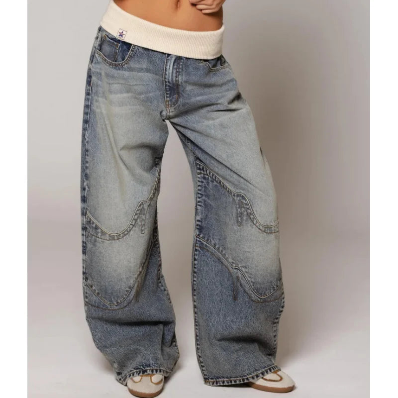 Zelvora | Women's Baggy Wide Leg Jeans Low Rise - Light Blue - Image 1
