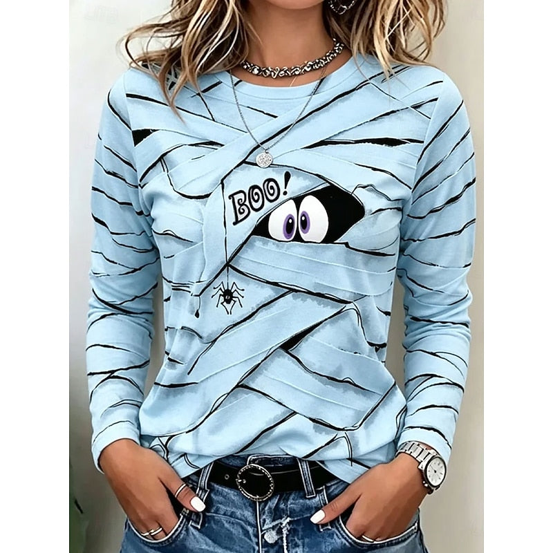 Zelwyn | Women's Halloween Sweatshirt Mummy Graphic Top - Sky Blue - Image 1