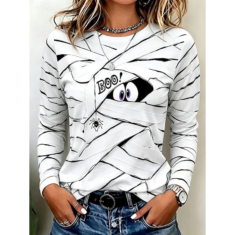 Zelwyn | Women's Halloween Sweatshirt Mummy Graphic Top - Sky Blue - Image 2