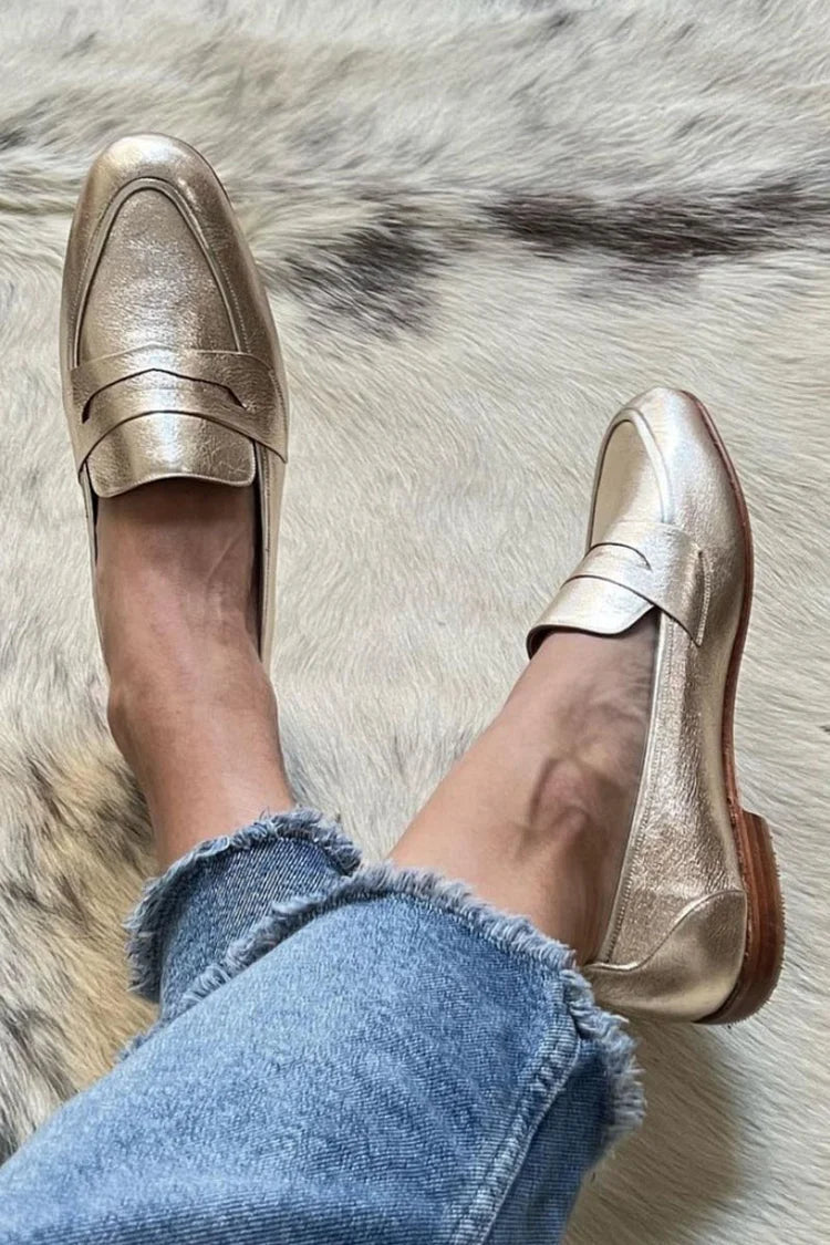 Zilvaine | Women's Gold Metallic Penny Loafers - Gold - Image 1