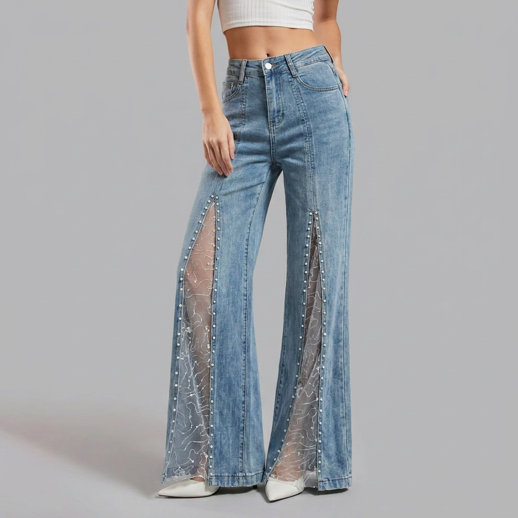 Zilvara | Women's Pearl Mesh Flare Jeans High Waist - Light Blue - Image 1