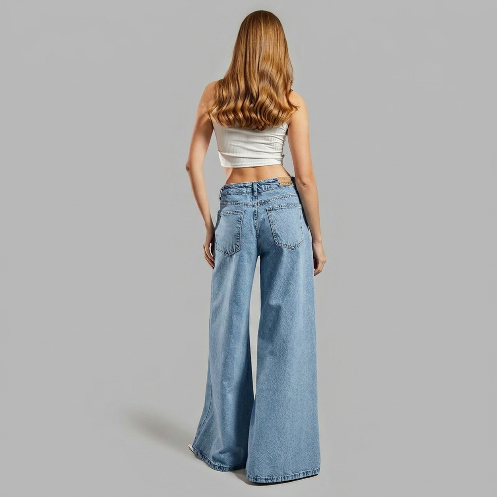 Zilvara | Women's Pearl Mesh Flare Jeans High Waist - Light Blue - Image 2