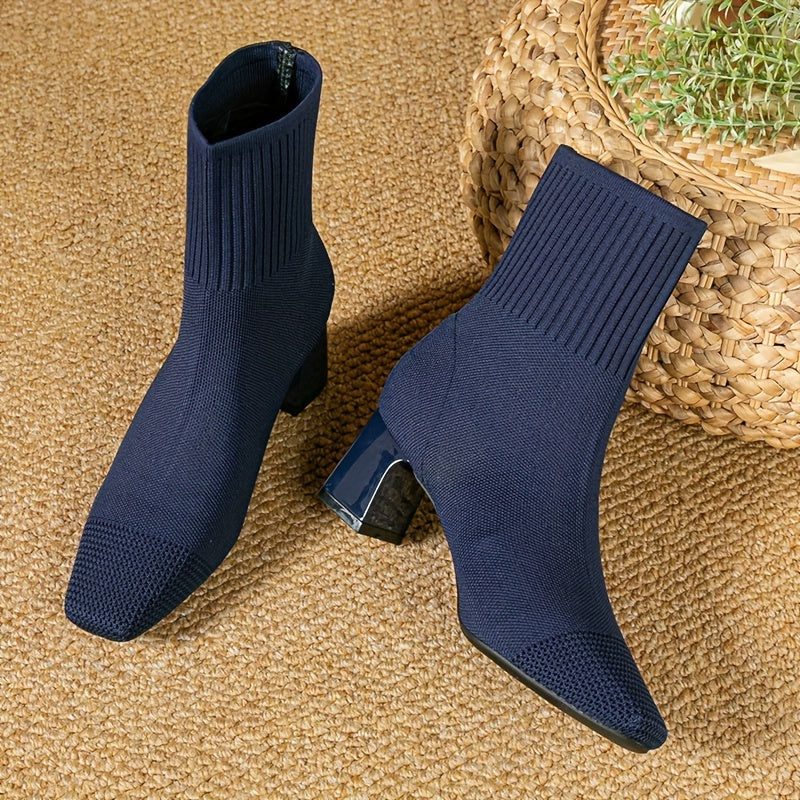Zivorra | Women's Knit Ankle Boots Block Heel - Navy - Image 1