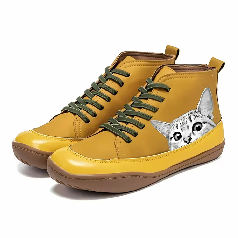 Zivorra | Women's Lace-Up Cat Print Ankle Boots - Orange - Image 2