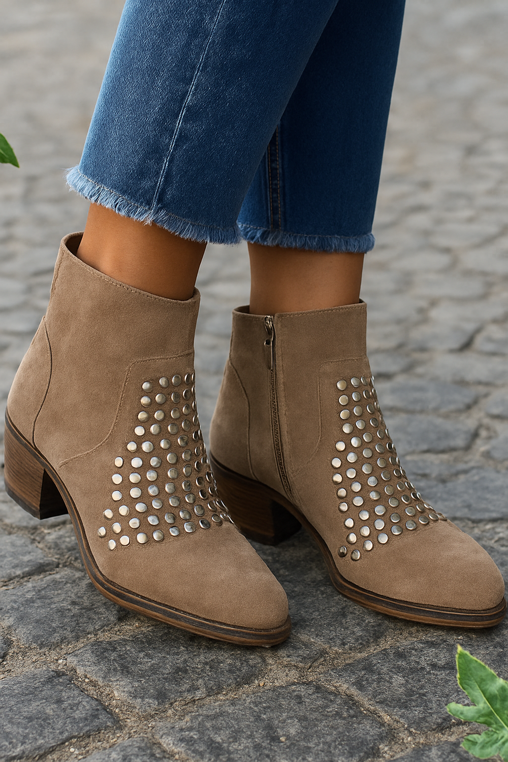 Zolvane | Women's Studded Ankle Boots Western Block Heel - Taupe - Image 2