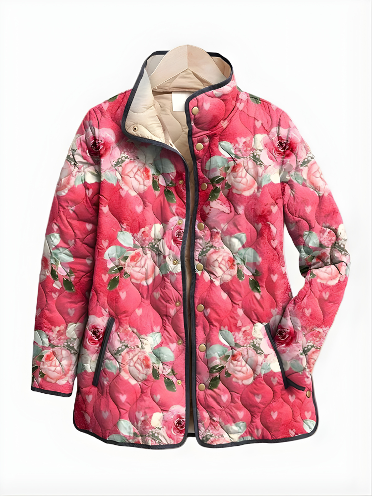 Zolvara | Women's Floral Quilted Puffer Jacket - Pink - Image 1