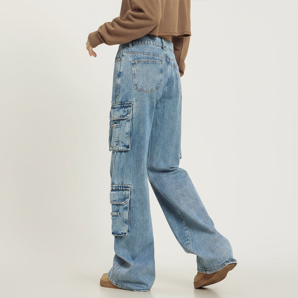 Zolvenne | Women's Baggy Cargo Jeans Wide Leg - Light Blue - Image 2